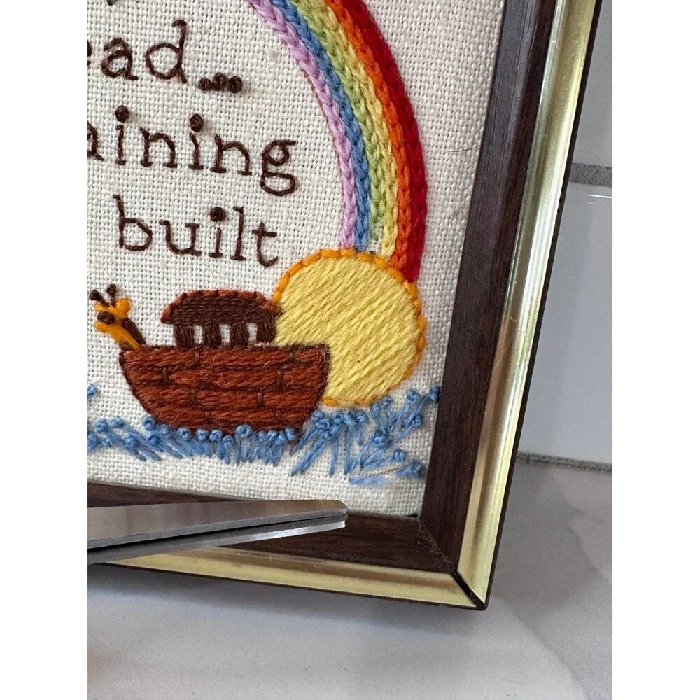 Vintage Handmade Framed Noah's Ark Embroidered Wall Art Rainbow Christian Decor